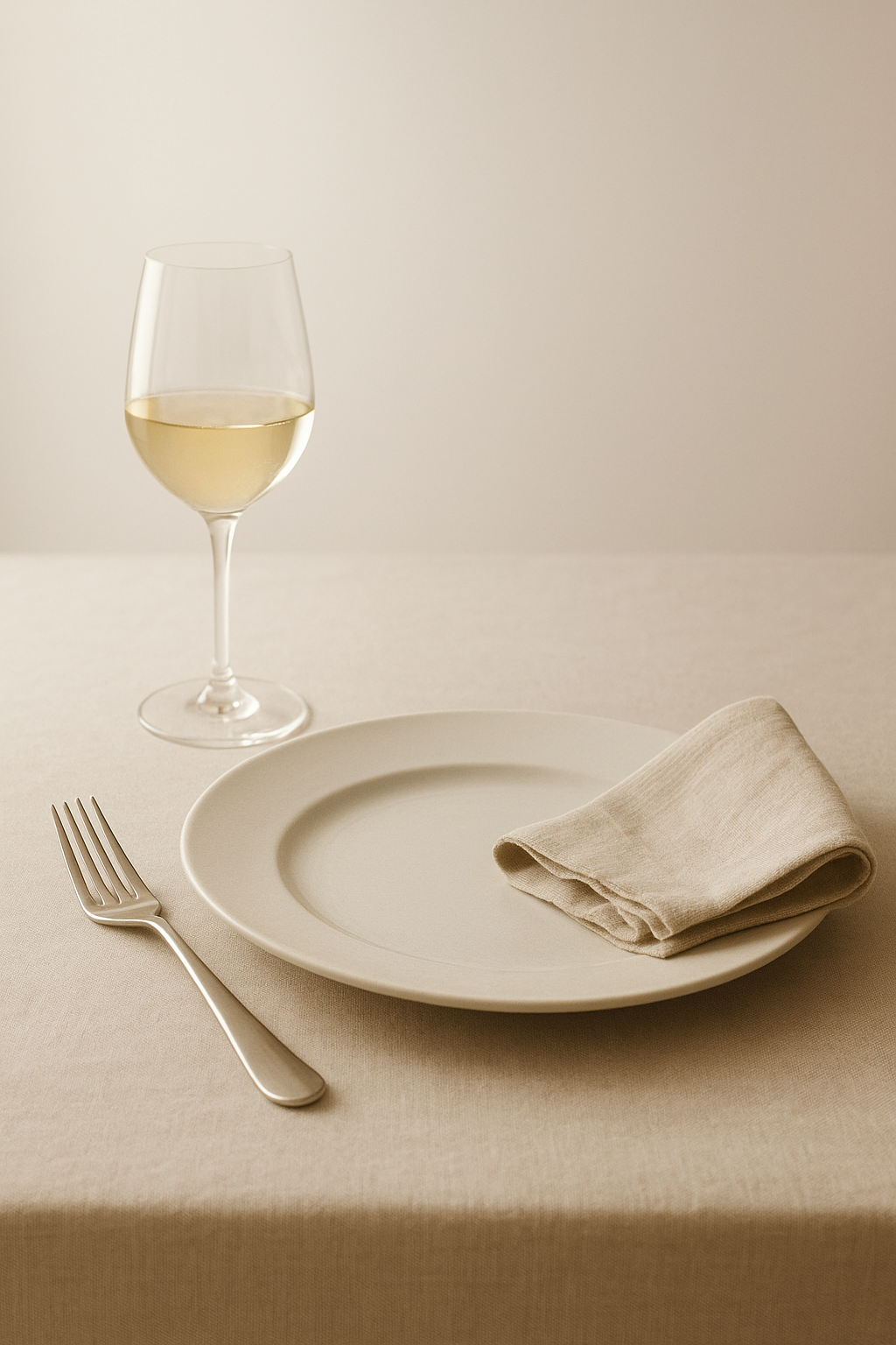 Weißweinglas neben Teller und Serviette